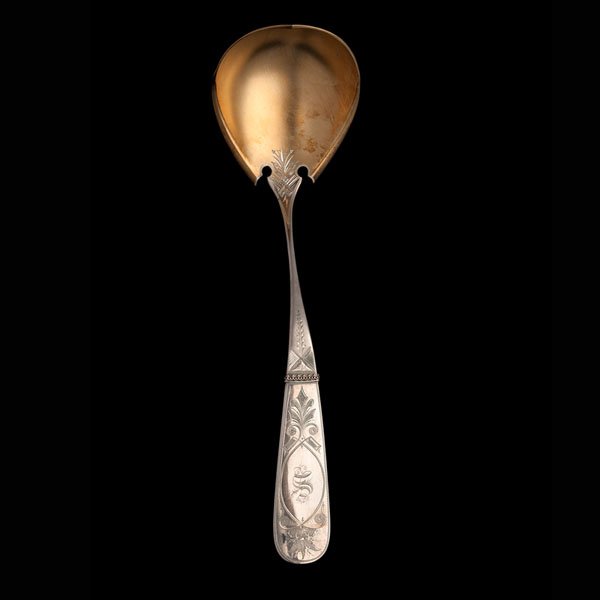 Duhme & Co. Coin Silver Ladle : Duhme & Co. Coin Silver Ladle American (Cincinnati, Ohio) ca 1860s. A coin silver punch bowl ladle having a gold-washed helmet-shaped bowl, a stem with engraved and bright-cut decoration and mark