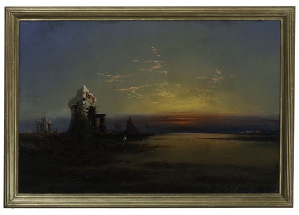 Egyptian Night - Ruins and Sunset by James Hamilton : Egyptian Night - Ruins and Sunset by James Hamilton James Hamilton (American, 1819-1878). Oil on canvas. Image of reverse inscription attached with signature and date of 1863; 30 x 44.5 in. (sigh
