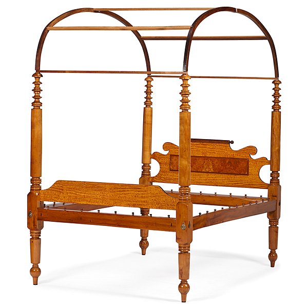 Maple Four-Post Rope Bed : Maple Four-Post Rope Bed American, mid-19th century. A maple bed with arched canopy and four block and turned posts, having a scrolled and paneled headboard and footboard in curly maple; ht. 88.2