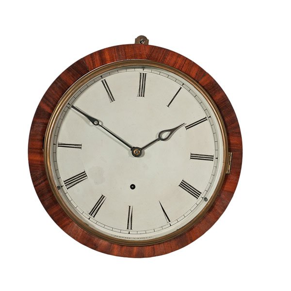 Chauncey Jerome Gallery Clock : Chauncey Jerome Gallery Clock Chauncey Jerome (American, 1793-1868), ca 1850. A gallery clock with a round mahogany case and a hinged brass bezel, having a painted zinc roman numeral dial and a rare