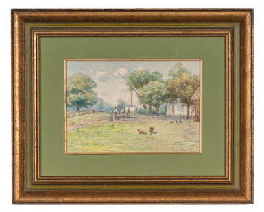 Farm Scene by Richard Buckner Gruelle : Farm Scene by Richard Buckner Gruelle Richard Buckner Gruelle (American, 1851-1914). Watercolor on paper, housed in a wood and gilt frame. A farm backyard scene with a man, a child, a horse, and ch
