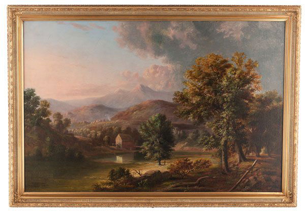 Landscape with a Mill by Jacob Cox : Landscape with a Mill by Jacob Cox Jacob Cox (American, 1810-1892). Oil on canvas. An expansive mountainous landscape with a mill and single figure. Unsigned; 31.5 x 47.5 in. (sight). Provenance: