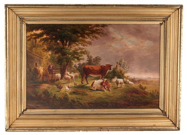 Early Indiana Landscape by Jacob Cox : Early Indiana Landscape by Jacob Cox Jacob Cox (American, 1810-1892). Oil on canvas. A scene depicting a man leaning on a fence near a group of farm animals. Signed l.l.; 25.25 x 39 in. (sight). A