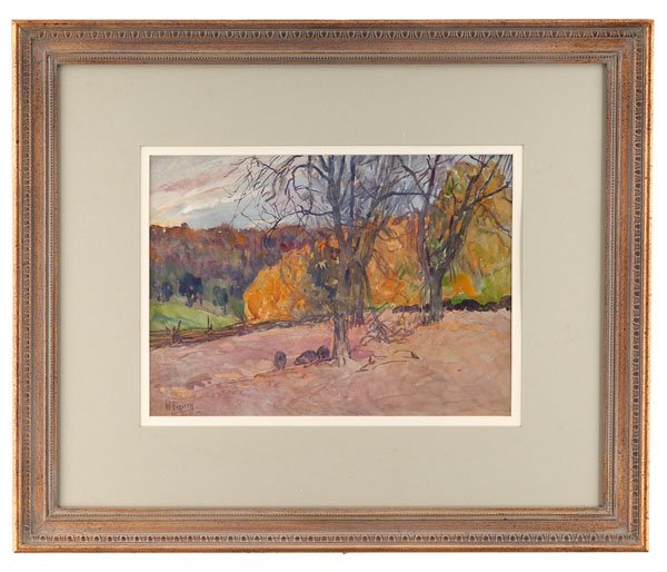Southern Indiana by William Forsyth : Southern Indiana by William Forsyth William Forsyth (American, 1854-1935). Watercolor on paper. An Indiana fall landscape. Signed l.l., 10.5 x 14.25 in. (sight). Provenance: The Clarence and Mildr