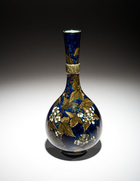 John Bennett Tall Bottle Vase : John Bennett Tall Bottle Vase John Bennett (b. England, worked in America, 1840-1907). A tall bottle vase rising above a round foot with a bulbous body and slender neck, having all-over white and gr