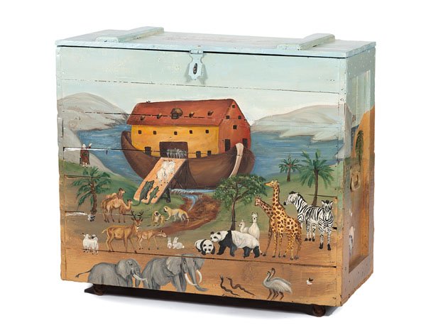 Noah's Ark Painted Chest : Noah's Ark Painted Chest American, 20th century. A chest painted all-over with a scene of animals boarding Noah's ark with painted verse from Genesis 7:9 on lid and painted on back please note: This