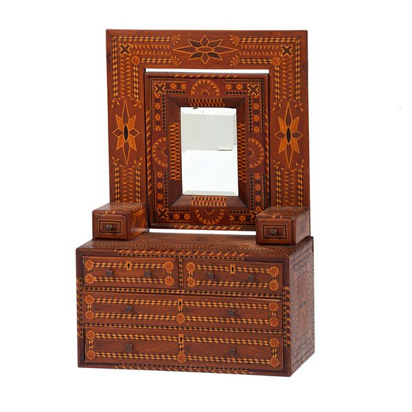 Graterford Prison Marquetry Child's Chest and Mirror : Graterford Prison Marquetry Child's Chest and Mirror American, 20th century. A child's chest of drawers of mixed woods, with tilting beveled mirror flanked by two handkerchief drawers, the base ha