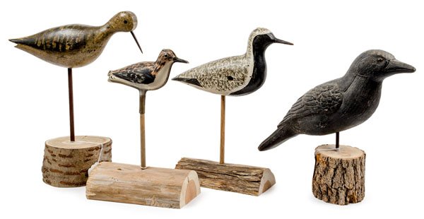 Four Shorebird Decoys : Four Shorebird Decoys An assembled group of four shorebird decoys, including a Herter's wooden crow decoy with detailed carving in plumage, a Black Bellied Plover from the Mackey Collection, a shor
