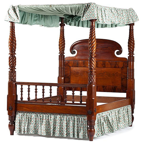 Mid-Atlantic Spiral Four Post Bed : Mid-Atlantic Spiral Four Post Bed American, ca 1830s. A four post bed in cherry with scrolled headboard and large spiral-turned posts; ht. 87, wd. 63, lg. 85 in.