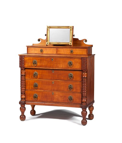 Sheraton Tiger Maple Chest of Drawers : Sheraton Tiger Maple Chest of Drawers American (possibly New Hampshire), 19th century. A Sheraton-style tiger maple chest of drawers having a scrolling backsplash and adjustable, gilt framed mirror.