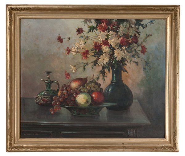 Still Life by Jack Wilkinson Smith : Still Life by Jack Wilkinson Smith Jack Wilkinson Smith (American, 1873-1949). Oil on canvas. A still life of a table with a large floral arrangement, fruit, and wine. Signed l.l.; 24.5 x 29.75 in.