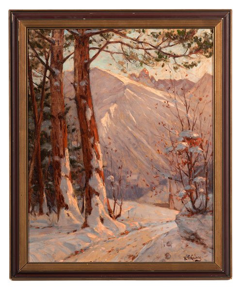 Mountain Snow Scene by Robert Franz Curry : Mountain Snow Scene by Robert Franz Curry Robert Franz Curry (1872-1955). Oil on canvas board, housed in wood frame. The painting depicts a snowy mountain scenery. Signed l.r.; 22 x 17.5 in. (sight)