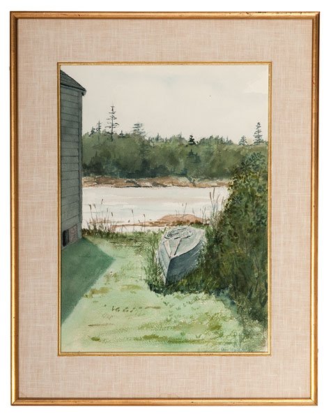 River Landscape by Ann Wyeth Mccoy : River Landscape by Ann Wyeth Mccoy Ann Wyeth Mccoy ( American, 1915-2005). Watercolor on paper. A river scene with the side of a house and a barge laying on the grass. Signed l.r.; 19 x 14 in. (sig