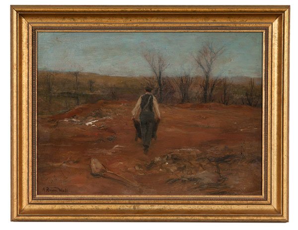 Man with Wheelbarrow by Alfred Bryan Wall : Man with Wheelbarrow by Alfred Bryan Wall Alfred Bryan Wall (American, 1872-1937). Oil on board, housed in gilt frame. A barren landscape with a man pushing a wheelbarrow. Signed l.l.; 15.25 x 21 in