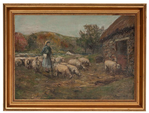 Shepherdess with Sheep and Barn by Alfred Bryan Wall : Shepherdess with Sheep and Barn by Alfred Bryan Wall Alfred Bryan Wall (American, 1872-1937). Oil on board, housed in gilt frame. A farm scene depicting a shepherdess with a flock of sheep outside o