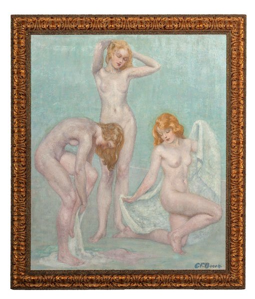 Three Graces by Clarence Francis Busch : Three Graces by Clarence Francis Busch Clarence Francis Busch (American, 1887-?). Oil on canvas, housed in a gilt frame. Nude portrait of three women against a light blue ground. Signed l.r.; 41.25 