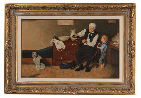 She'll Love It by Gerald Farm : She'll Love It by Gerald Farm Gerald Farm (American, b. 1935). Oil on canvas, housed in gilt frame. A scene with a child and his dog at a veterinarian's office. Signed and dated 1989, l.r.; 18.5 x 3