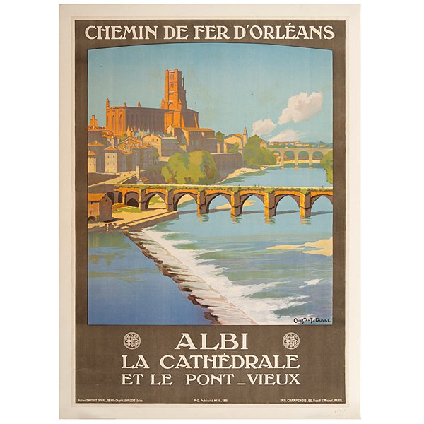 Travel Poster by Leon Constant Duval : Travel Poster by Leon Constant Duval Leon Constant Duval (French, 1877-?). A Chemin De Fer D'Orleans travel poster depicting Albi Cathedral and bridge over the Tarn river, linen-backed. 41 x 29 in (