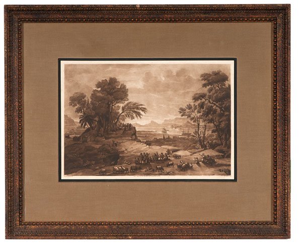 Pair of Posthumous Prints by Claude Lorrain : Pair of Posthumous Prints by Claude Lorrain Claude Lorrain (French, 1600-1682). Two copper engravings on paper, housed in wood and glass frames, one describing a seashore, the other a landscape with