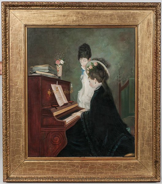 Two Ladies at a Piano : Two Ladies at a Piano French, late 19th century. Oil on canvas, housed in a gilt frame. An interior genre scene showing two young ladies at a piano. Unsigned; 23.75 x 19.5 in. (sight).