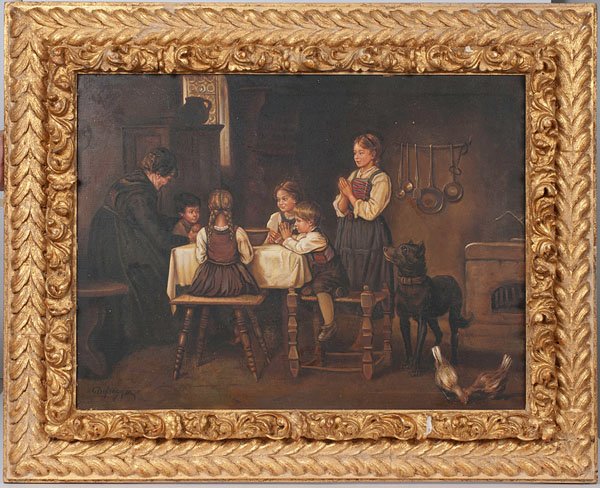 Genre Painting After Franz Defregger : Genre Painting After Franz Defregger After Franz Defregger (Austrian, 1835-1921). Oil on canvas, housed in gilt frame. A genre scene depicting a family sitting around a dinner table, with a black