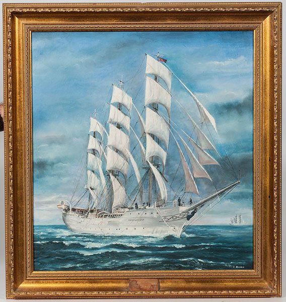 Christian Radich by C. Bowen : Christian Radich by C. Bowen C. Bowen (Continental, 20th century). Oil on canvas board, housed in a gilt frame. A depiction of the Norwegian full-rigged ship named Christian Radich. Signed l.r.; 25.