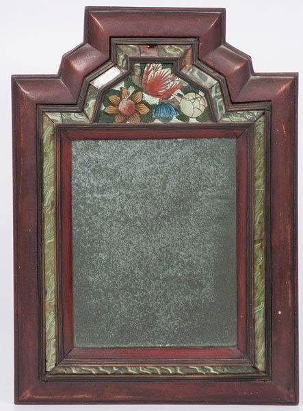 Reverse Painted Courting Mirror : Reverse Painted Courting Mirror Continental, late 18th century. A stained pine courting mirror with a shaped sarcophagus crest and reverse painted border and floral panel; ht. 18.75, wd. 13 in.