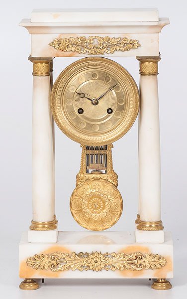 French Pillar Clock : French Pillar Clock French, ca 1900. An eight-day time and strike white marble pillar clock with ormolu mounts; ht. 16, wd. 9, dp. 4.5 in.