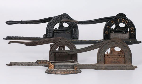 Cast Iron Tobacco Cutters : Cast Iron Tobacco Cutters American, late 19th-early 20th century. An assembled group of five cast iron tobacco cutters, each embossed with company name including John Finzer & Bros, Lorillard's, R.J