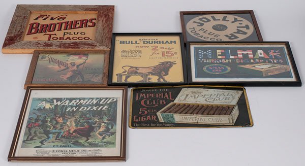 Early Tobacco Advertisements Plus : Early Tobacco Advertisements Plus American, late 19th-early 20th century. An assembled group of ten early tobacco ads, all framed excluding a lithographed tin ad for Imperial Club Cigars with hang
