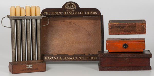 Cigar Display Case and Boxes Plus : Cigar Display Case and Boxes Plus 20th century. A counter display case for H. Upmann cigars, a wooden Barking Dog cigarettes box with two individual empty packs enclosed, a Sport Smoker cigar box an