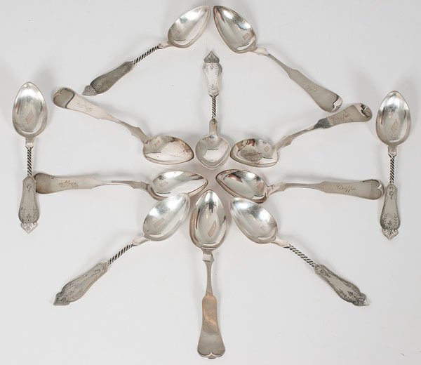 Duhme & Co. Sterling Spoons : Duhme & Co. Sterling Spoons American (Cincinnati), 19th century. An assembled 12-piece set of sterling silver flatware, including six tipped fiddle pattern teaspoons and six twist handle teaspoons w