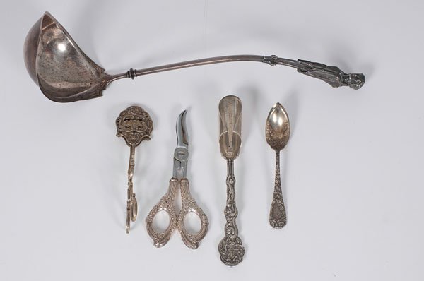 Silver Flatware Group Plus : Silver Flatware Group Plus American, late 19th-early 20th century. An assembled group of four silver items including a large sterling ladle with chased decoration and figural handle, illegible make