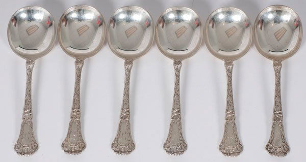 Gorham Sterling Poppy Spoons : Gorham Sterling Poppy Spoons American, 20th century. A set of six sterling round bowl soup spoons by Gorham for Duhme & Co. in the "Poppy" pattern, each monogrammed and bearing maker and retailer's