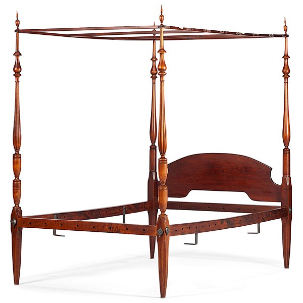 Four Poster Bed : Four Poster Bed American, 19th century. A four-poster canopy bed with shaped headboard and reeded footboard posts; ht. 86, wd. 56.25, lg. 81 in.