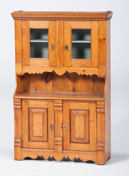 Child's Stepback Cupboard : Child's Stepback Cupboard American, 19th century. A diminutive one-piece stepback cupboard in pine with molded cornice over two glazed doors, opening to a two shelf interior in blue paint, over a 