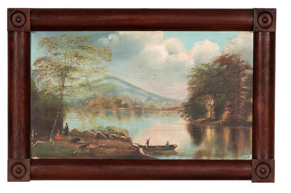 Folk Art Hudson River-Style Landscape : Folk Art Hudson River-Style Landscape American, 19th century. A folk art landscape in the Hudson River School tradition, depicting picnicking figures in the foreground; 14 x 23.5 in. (sight).