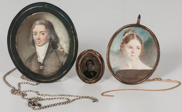 Nineteenth Century Miniatures, Plus : Nineteenth Century Miniatures, Plus American, 19th century. Two portrait miniatures on ivory, one of a gentleman with a sterling silver back marked Mac, and another of a woman with a circular gl