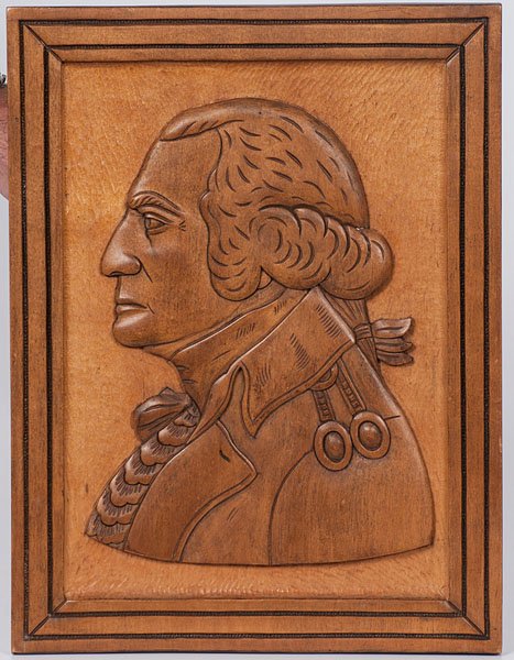 George Washington Carved Plaque, Signed R. Franz : George Washington Carved Plaque, Signed R. Franz R. Franz, 20th century. A hand carved wooden plaque with a frame-like border showing George Washington in profile, signed on verso R. Franz; 12.5 x