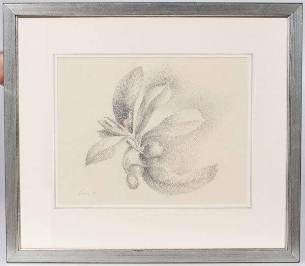 George Rickey Drawing of Leaves and Fruit : George Rickey Drawing of Leaves and Fruit George Rickey. Pencil on paper, matted and housed in a gilt silver frame. Signed l.l. and dated '58; verso retains sticker from Lyman Bros. Indianapolis;