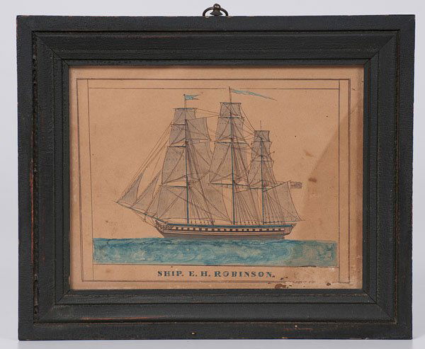 Ship E.H. Robinson, Watercolor and Pen Drawing : Ship E.H. Robinson, Watercolor and Pen Drawing American, 19th century. Watercolor and pen on paper, depicting a three-masted sailing ship on the ocean with an American flag raised above the stern, t
