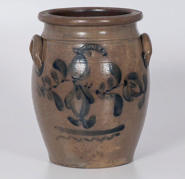 J Weaver Stoneware Crock : J Weaver Stoneware Crock American (Beaver, PA), ca 1860s. A four-gallon stoneware crock by J Weaver with applied handles, molded shoulder and incised banding, featuring impressed maker's mark and c