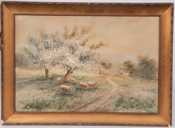 Watercolor of Sheep by L. Walton : Watercolor of Sheep by L. Walton L. Walton (American, 19th-20th century). Watercolor on paper, housed in a gilt frame, depicting a pastoral scene with sheep grazing by a tree with two cottages in th