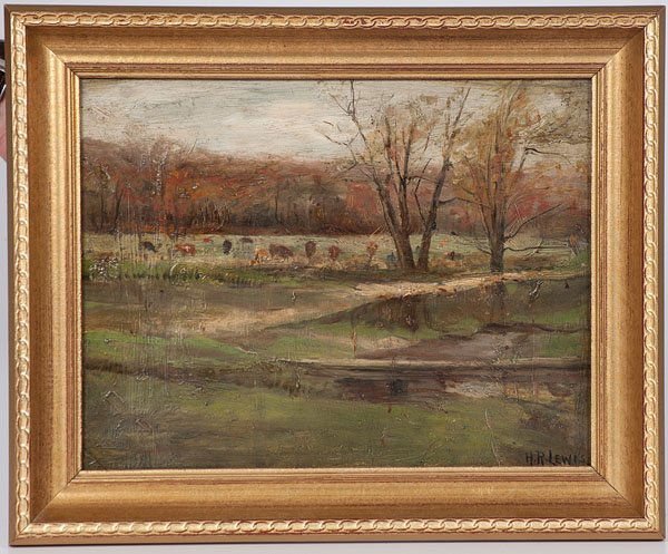 Pasture Scene by H. R. Lewis : Pasture Scene by H. R. Lewis Hubert Robert Lewis (Scottish born, active in America, 1865-1952). Oil on board, housed in a gilt frame. A pasture scene with cows grazing in a meadow. Signed l.r.; 9.5