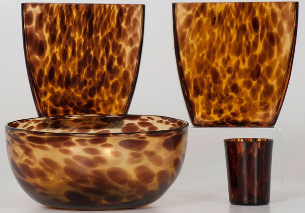 Tortoise Art Glass : Tortoise Art Glass An assembled group of four tortoise shell art glass items, including two pillow vases, a small tumbler and a large bowl, likely murano; bowl ht. 4 , dia. 9.25 in.