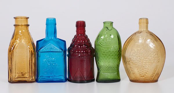 Wheaton Colored Glass Bottles, Plus : Wheaton Colored Glass Bottles, Plus New Jersey, 20th century. A group of four reproduction tonic bottles and flasks by Wheaton Glassworks, each in colored glass PLUS an Empire Glassworks flask; t