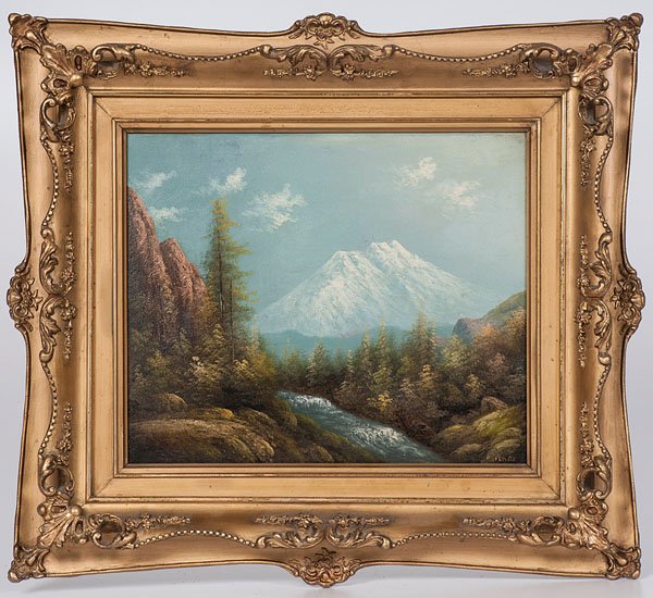 Mount Shasta by Eliza Rosanna Barchus : Mount Shasta by Eliza Rosanna Barchus Eliza Rosanna Barchus (American, 1857-1949). Oil on board, housed in a carved gilt frame. A mountain scene showing rapids and trees with Mount Shasta in the bac