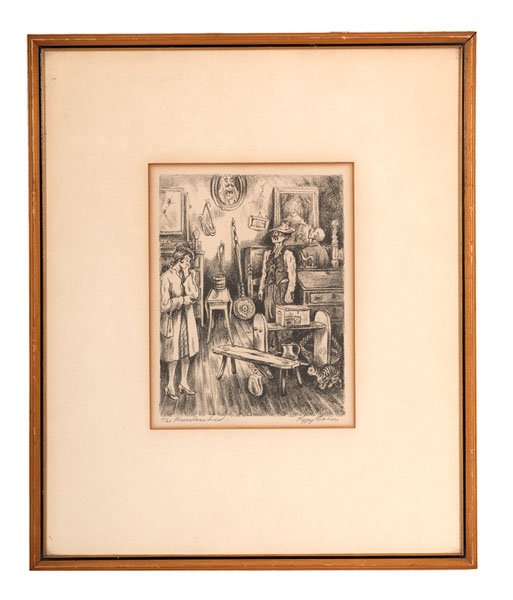 The Priceless Find AAA Lithograph by Peggy Bacon : The Priceless Find, AAA Lithograph by Peggy Bacon Peggy Bacon (American, 1895-1987), 20th century. A lithograph on paper, printed by the Associated American Artists, showing a customer making a disc