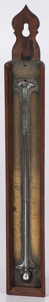 Bittle & Fiche 1840s Thermometer : Bittle & Fiche 1840s Thermometer American, 1840s. A thermometer by Bittle & Fiche, with several temperature gauges, and a hand written note on verso indicating it was used at John Hopkins; ht. 18 