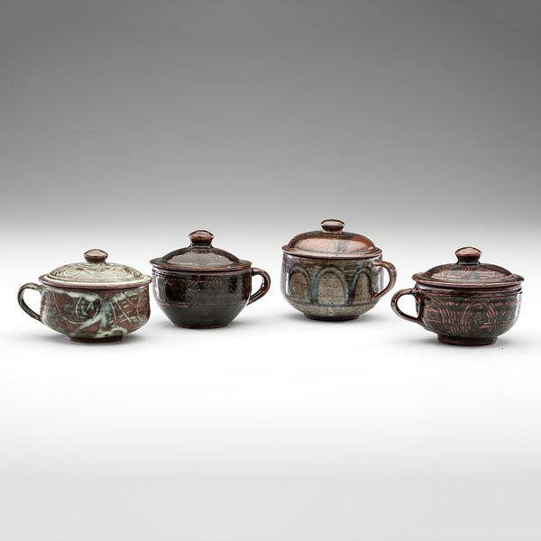 Abuja Lidded Casserole Set by Hassan Lapai (Nigeria) : Abuja Lidded Casserole Set by Hassan Lapai (Nigeria) Four Small Lidded Casseroles ca 1960s Glazed stoneware; ht. 3.75, dia. 4 in. Each mug with Artist HLP stamp and Pottery stamp at base of hand